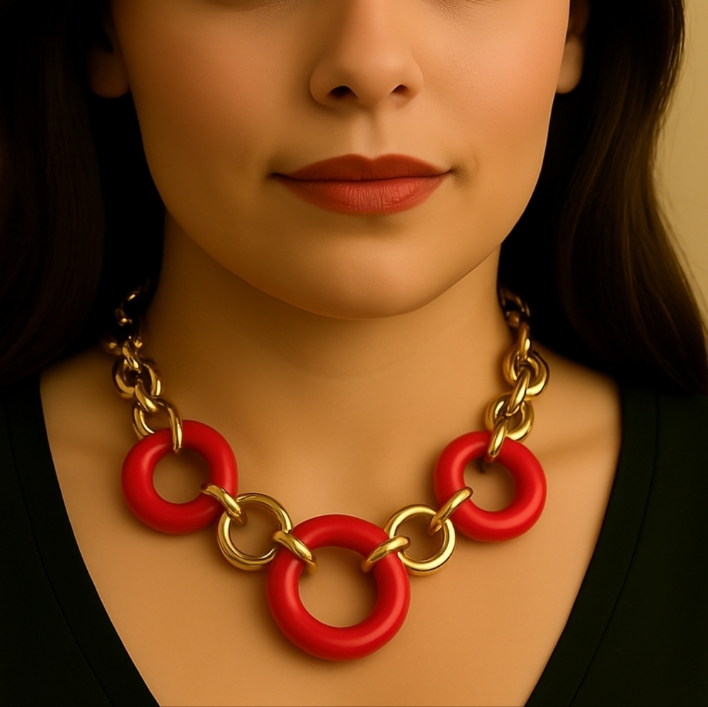Gold Statement Necklace – Bold Red Burgundy Hoop Design - Women's Jewelry